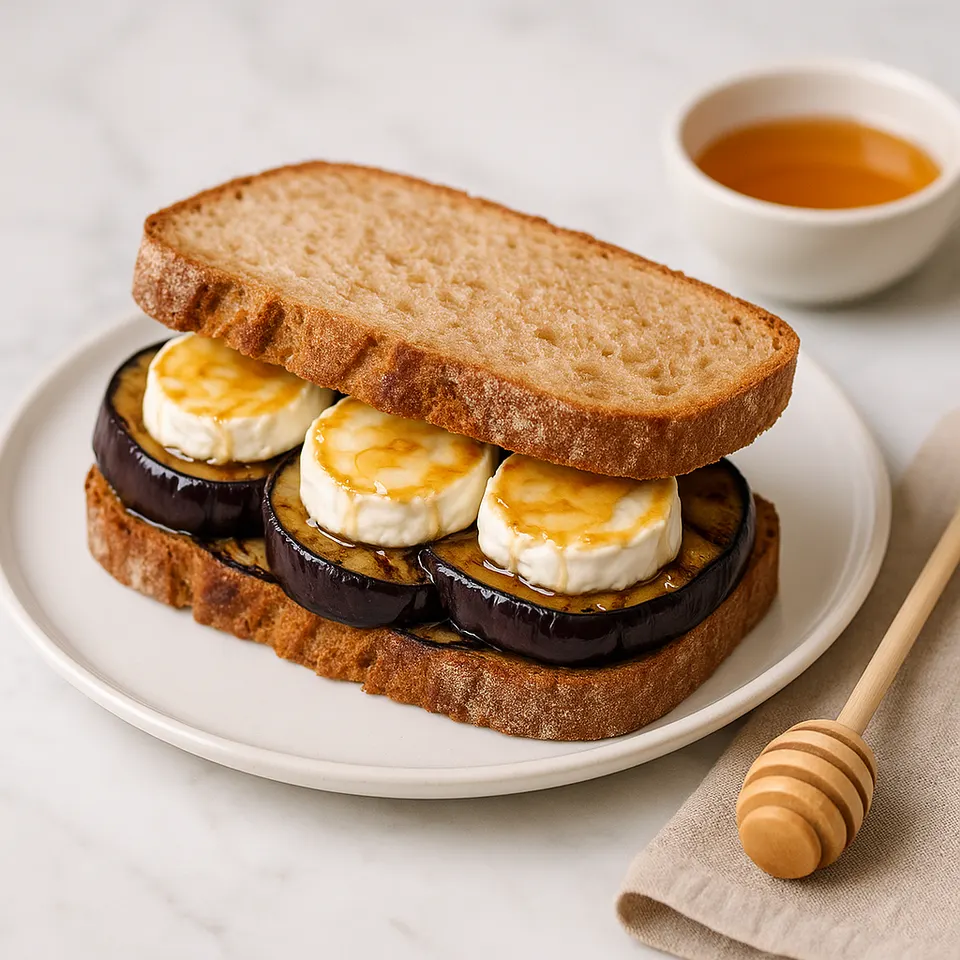Sándwich De Berenjena A La Plancha Con Queso De Cabra Y Miel