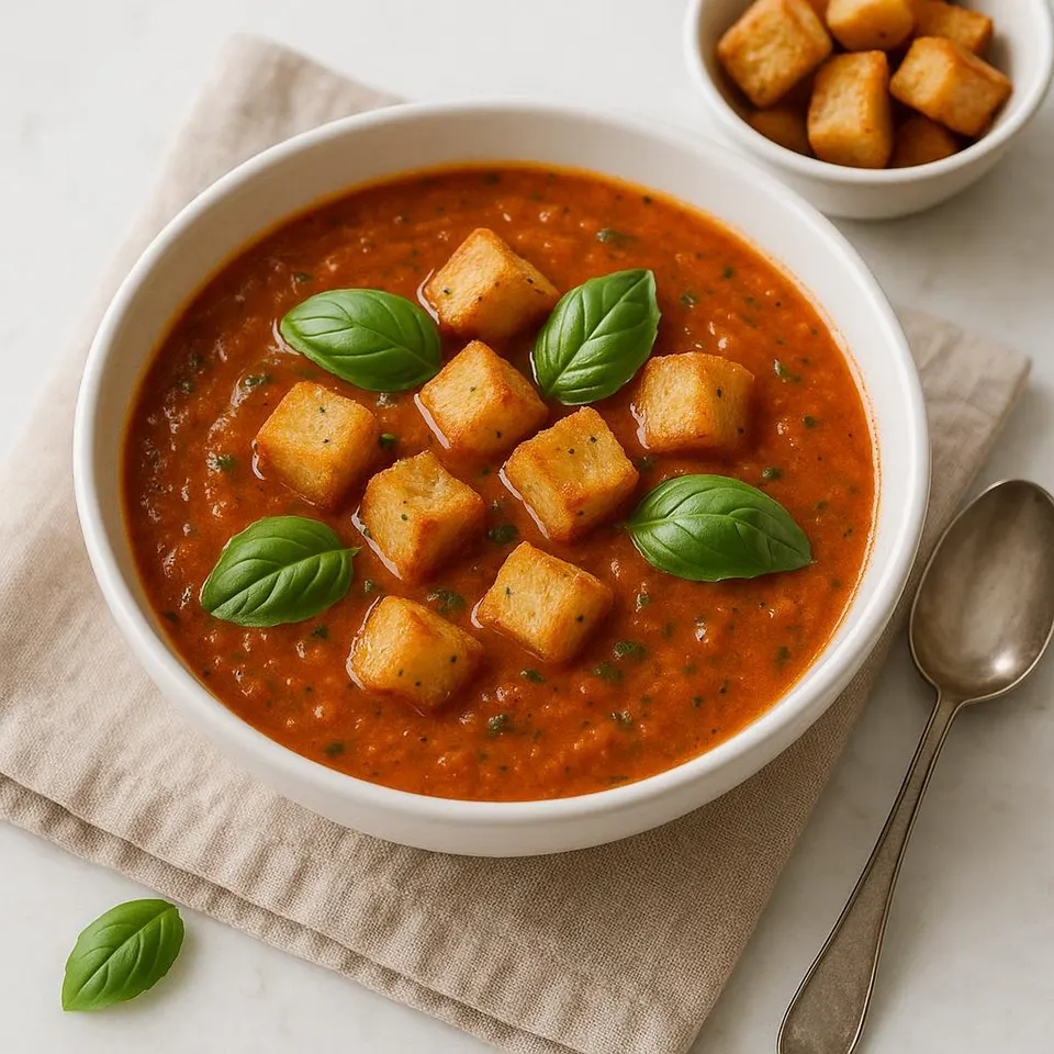 Sopa De Tomate A La Albahaca Con Picatostes