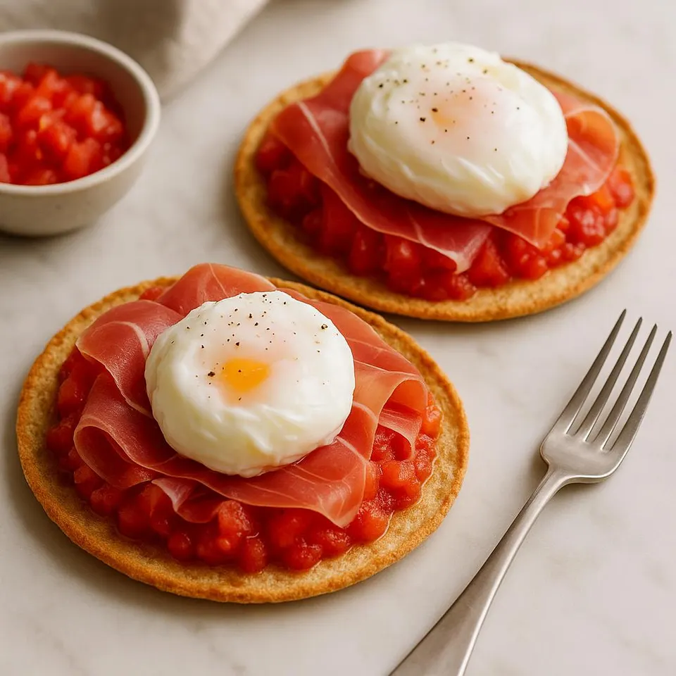 Tostadas Con Tomate, Jamón Y Huevo Poché
