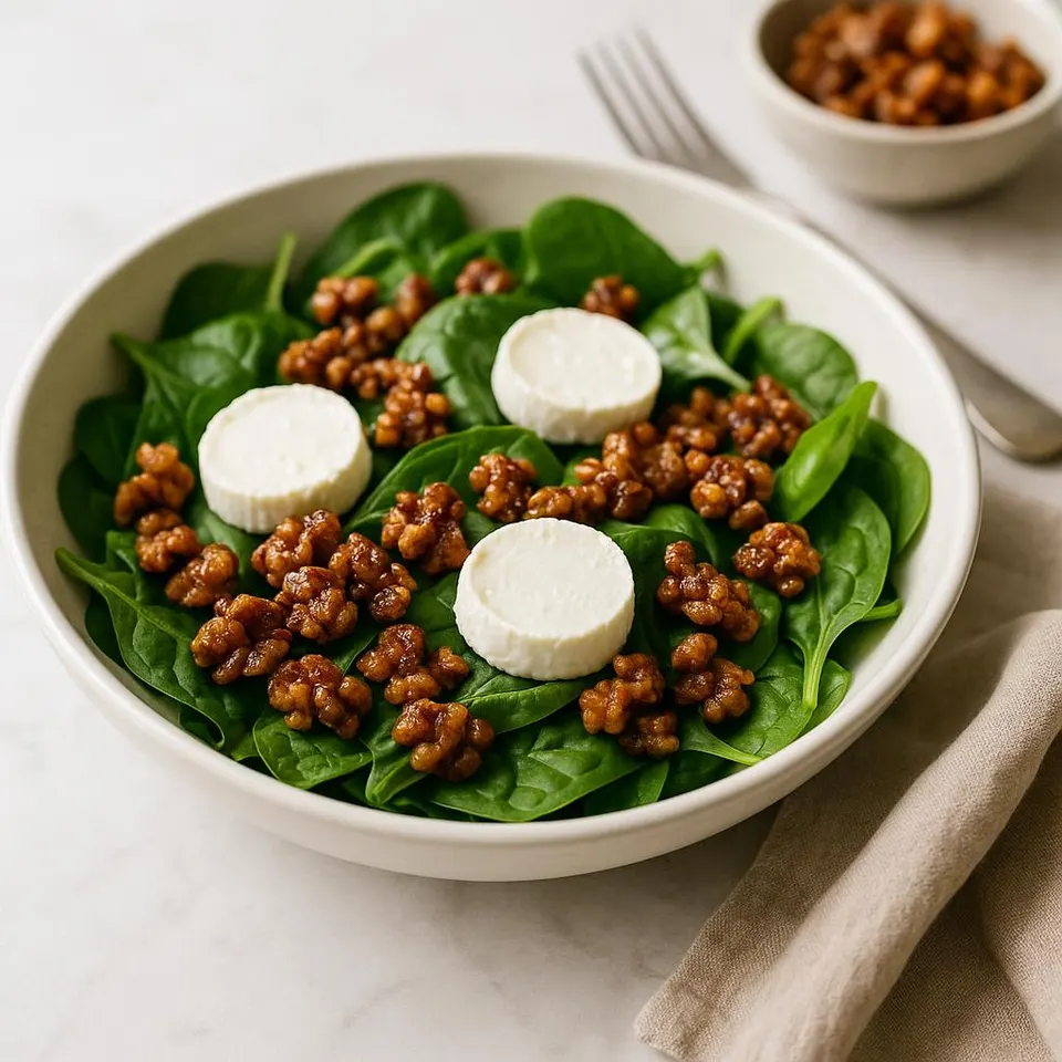 Ensalada De Espinacas Con Queso De Cabra Y Nueces Caramelizadas